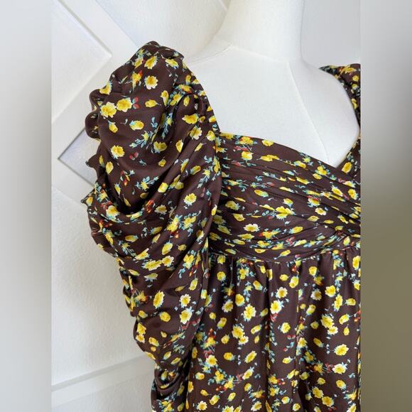 NWT AUTUMN ADEIGBO Bridgette 100% Silk Puff-Sleeve Mini Dress Brown Size 4 - Picture 5 of 16